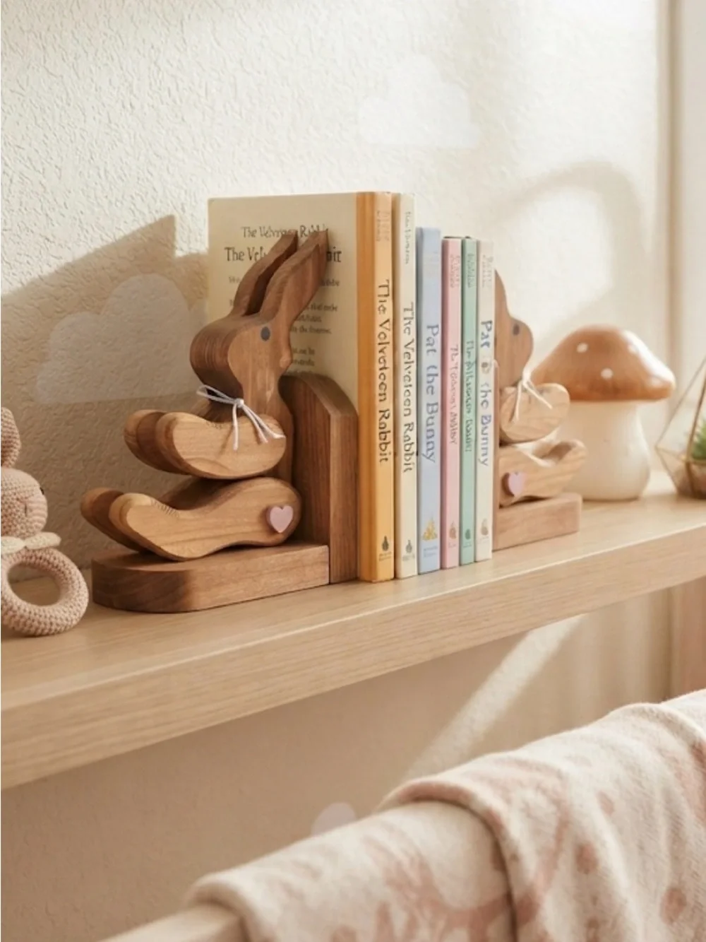 Wooden Bunny Bookends in Natural Wood - Home Wall Decor